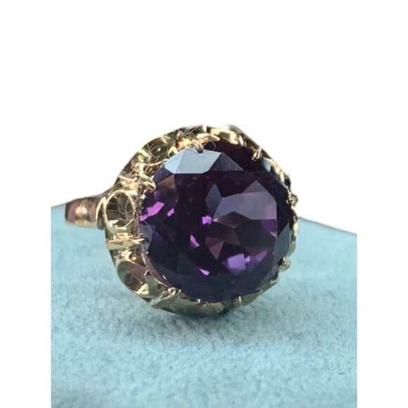 14k Yellow Gold Lab Created Round Amethyst Solitaire Ring Size 7.5 - Picture 3 of 10